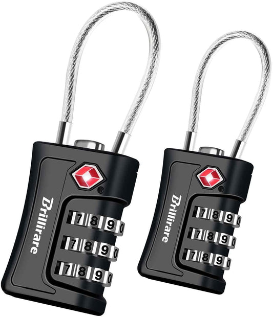 2 Pack TSA Approved Combination Travel Cable Padlocks - Waterproof 3-Digit Lock for Luggage, Lockers, Bags, Gym, Gate - Black - WildKart