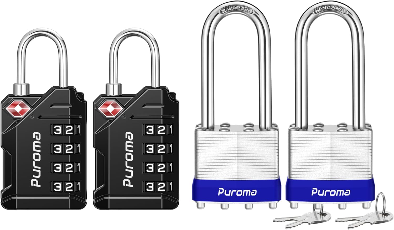 2 Pack TSA Approved Zinc Alloy Luggage Locks with Long Shackle & 4 Keys Alike - Heavy-Duty Padlocks for Travel, Toolbox, Gate