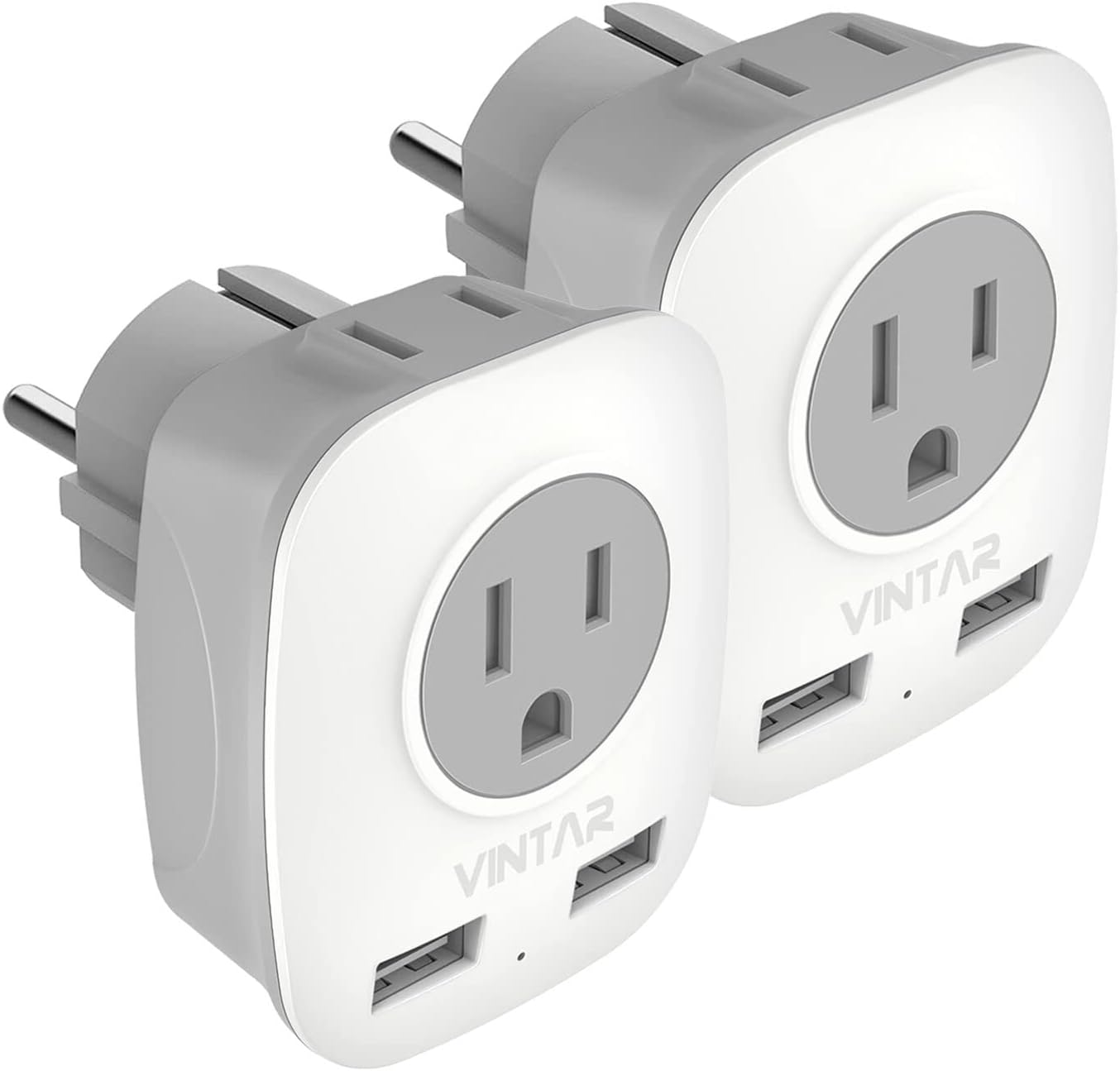 2 Pack Type E/F Germany European Travel Adapter with 2 USB and 2 Outlet - VINTAR Schuko International Power Plug - Compatible with Most of Europe EU German French Russia Iceland Spain Greece Norway