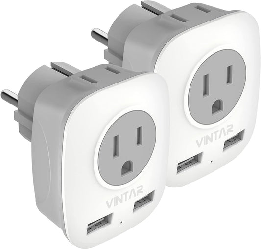 2 Pack Type E/F Germany European Travel Adapter with 2 USB and 2 Outlet - VINTAR Schuko International Power Plug - Compatible with Most of Europe EU German French Russia Iceland Spain Greece Norway