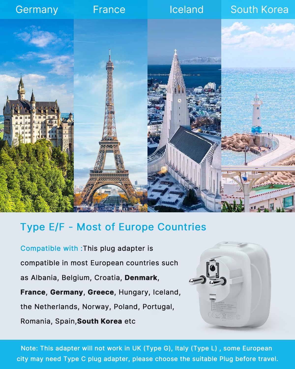 2 Pack Type E/F Germany European Travel Adapter with 2 USB and 2 Outlet - VINTAR Schuko International Power Plug - Compatible with Most of Europe EU German French Russia Iceland Spain Greece Norway