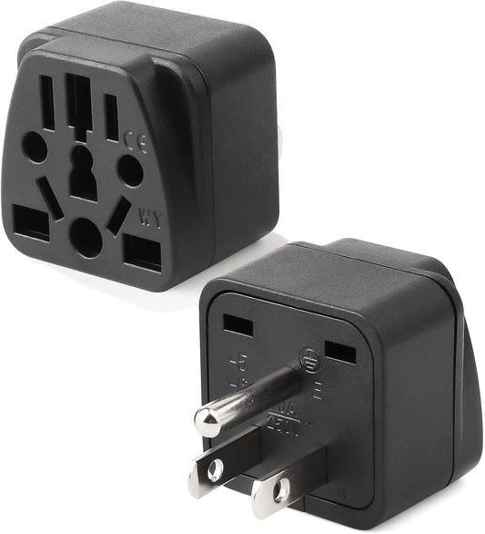 2 Pack Universal Travel Plug Adapter with Type B USA Wall Plug - Compatible with EU, UK, AU, CN, JP, Asia, Italy, Brazil - 3 Prong Grounded - Black