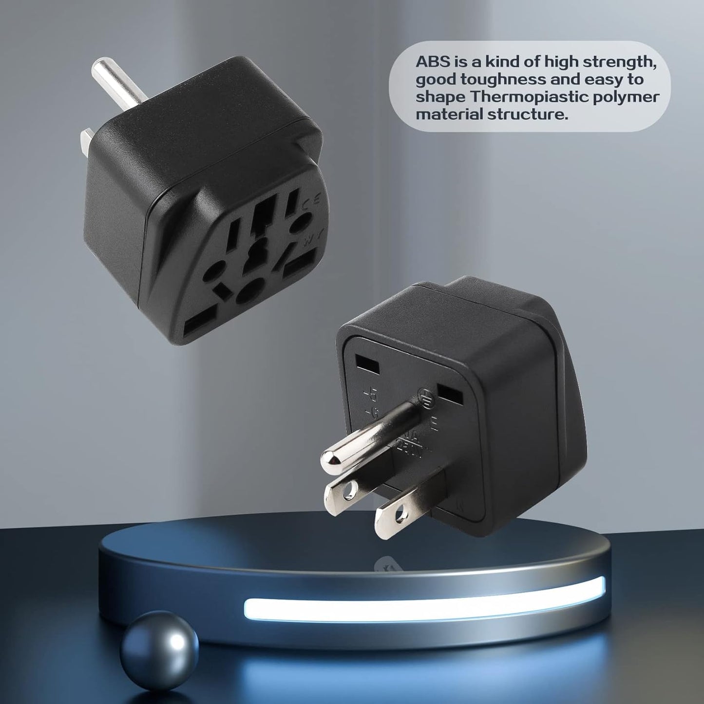 2 Pack Universal Travel Plug Adapter with Type B USA Wall Plug - Compatible with EU, UK, AU, CN, JP, Asia, Italy, Brazil - 3 Prong Grounded - Black