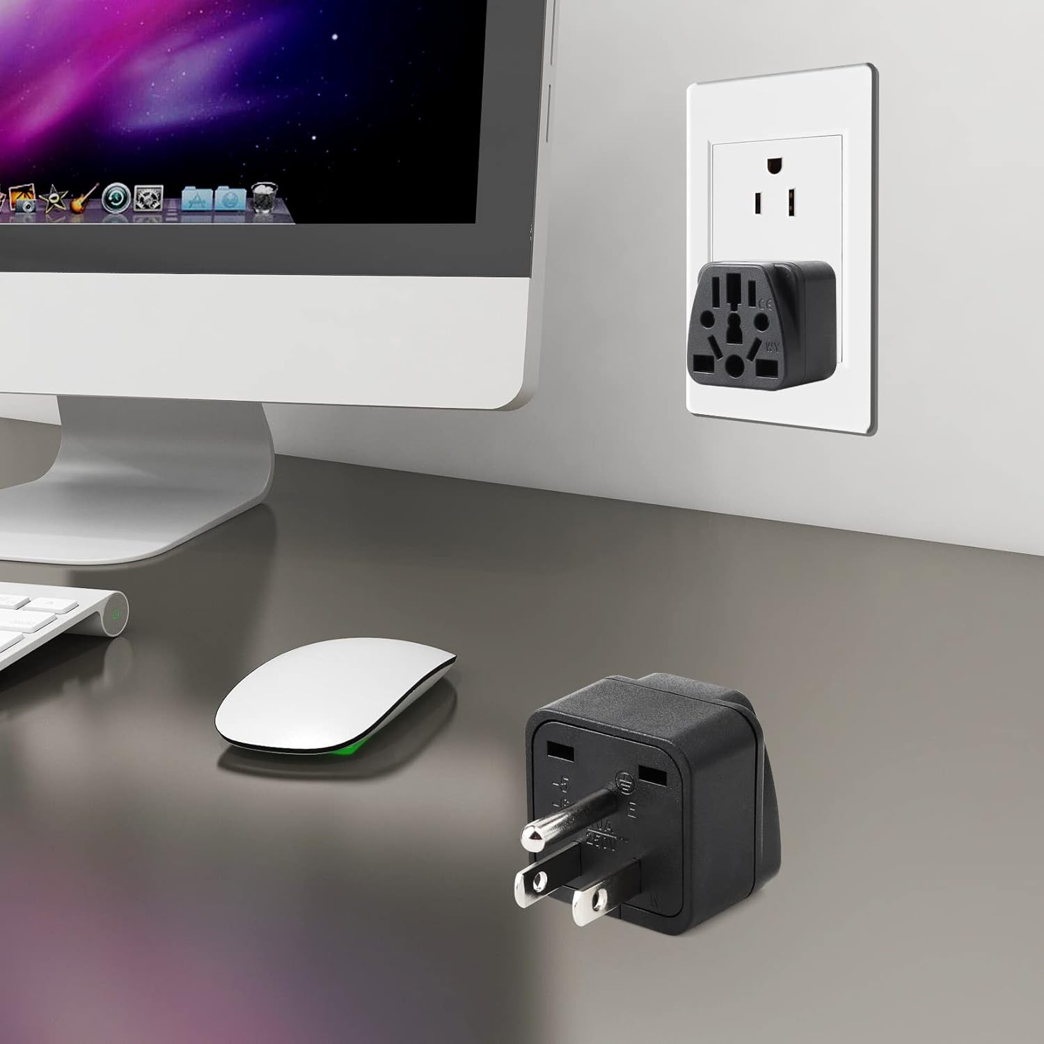 2 Pack Universal Travel Plug Adapter with Type B USA Wall Plug - Compatible with EU, UK, AU, CN, JP, Asia, Italy, Brazil - 3 Prong Grounded - Black