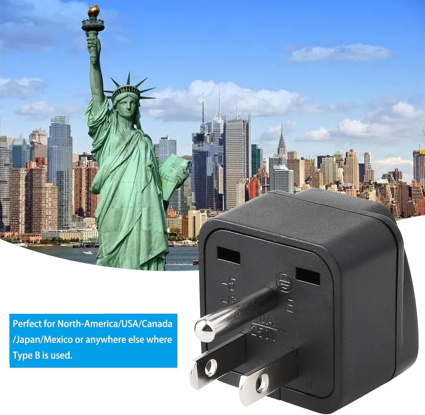 2 Pack Universal Travel Plug Adapter with Type B USA Wall Plug - Compatible with EU, UK, AU, CN, JP, Asia, Italy, Brazil - 3 Prong Grounded - Black