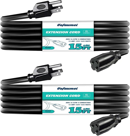 2 Pack Uofaumei 15 FT Heavy Duty Waterproof Extension Cord for Outdoor & Indoor Use - 16/3 SJTW Black, 16 Gauge 3 Prong 13 Amp Power Cable, NEMA 5-15P/R - UL Listed