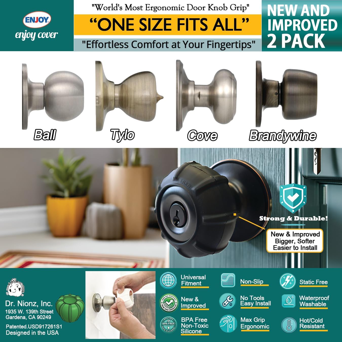 2 Pack Upgraded Ergonomic Door Knob Cover Grips - Non-Slip Design for Arthritis and Senior Living - Universal Size, Black