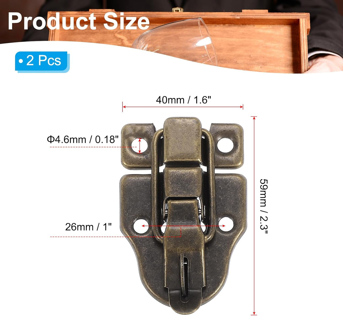 2 Pack Vintage Bronze Metal Box Toggle Latch with Padlock Hole for Jewelry Cabinet