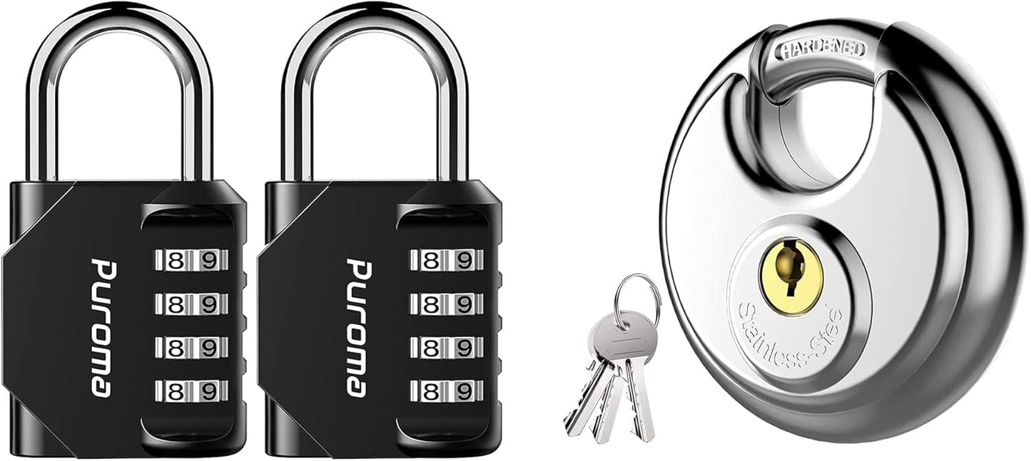 2 Pack Waterproof Combination Locks for School Gym Locker & Keyed Padlock - Stainless Steel Discus Lock with 3/8-Inch Shackle for Sheds, Storage, Garages, Fence - Puroma