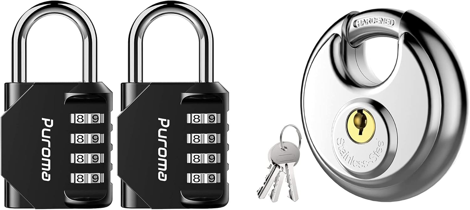 2 Pack Waterproof Combination Locks for School Gym Locker & Keyed Padlock - Stainless Steel Discus Lock with 3/8-Inch Shackle for Sheds, Storage, Garages, Fence - Puroma
