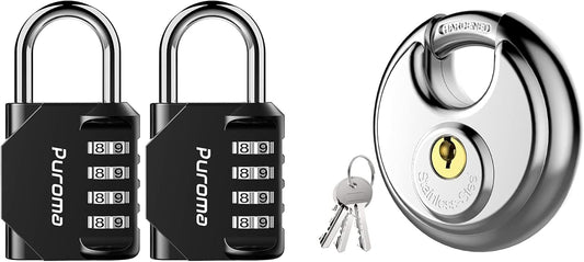 2 Pack Waterproof Combination Locks for School Gym Locker & Keyed Padlock - Stainless Steel Discus Lock with 3/8-Inch Shackle for Sheds, Storage, Garages, Fence - Puroma