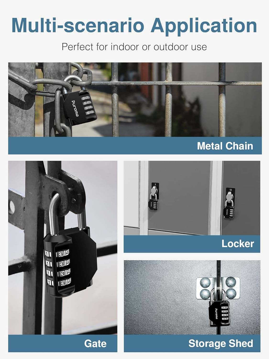 2 Pack Waterproof Combination Locks for School Gym Locker & Keyed Padlock - Stainless Steel Discus Lock with 3/8-Inch Shackle for Sheds, Storage, Garages, Fence - Puroma