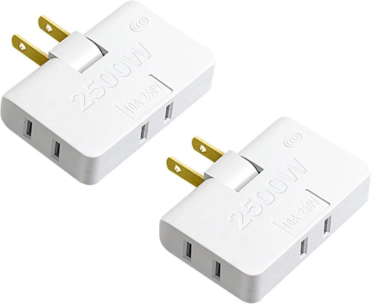 2 Pack White 3-in-1 Rotatable Outlet Extender Adapter with Foldable 2-Prong Swivel AC, Slim Design 2500W Wall Tap Power Socket Converter for Home and Travel