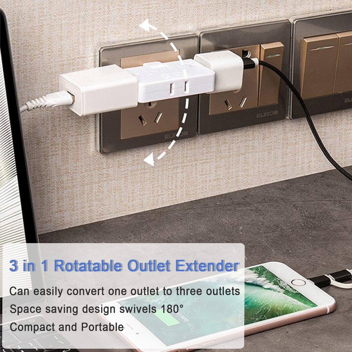 2 Pack White 3-in-1 Rotatable Outlet Extender Adapter with Foldable 2-Prong Swivel AC, Slim Design 2500W Wall Tap Power Socket Converter for Home and Travel