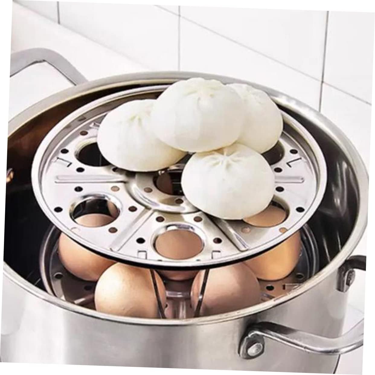 2 Piece Kitchen Cookware Set: Induction Cookware, Air Fryer, Electric Egg Poacher, Steamer Pan, Topper Maker, Boiler Pot, Egg Cracker, Egg Rack, Hard Boiled Egg Peeler, Silver Color