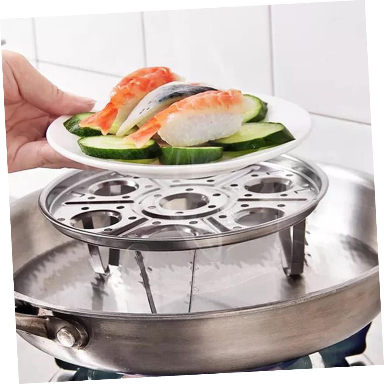 2 Piece Kitchen Cookware Set: Induction Cookware, Air Fryer, Electric Egg Poacher, Steamer Pan, Topper Maker, Boiler Pot, Egg Cracker, Egg Rack, Hard Boiled Egg Peeler, Silver Color