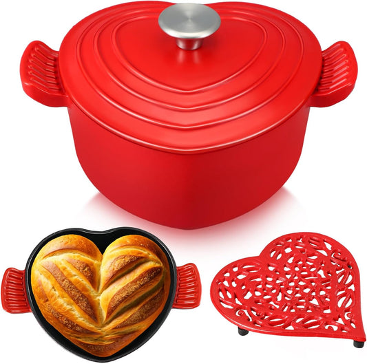2-Piece Red Heart Shaped Cast Iron Dutch Oven Set with Lid and Trivet - 2 Quart Enameled Pot for Baking, Cooking, and Refrigerating