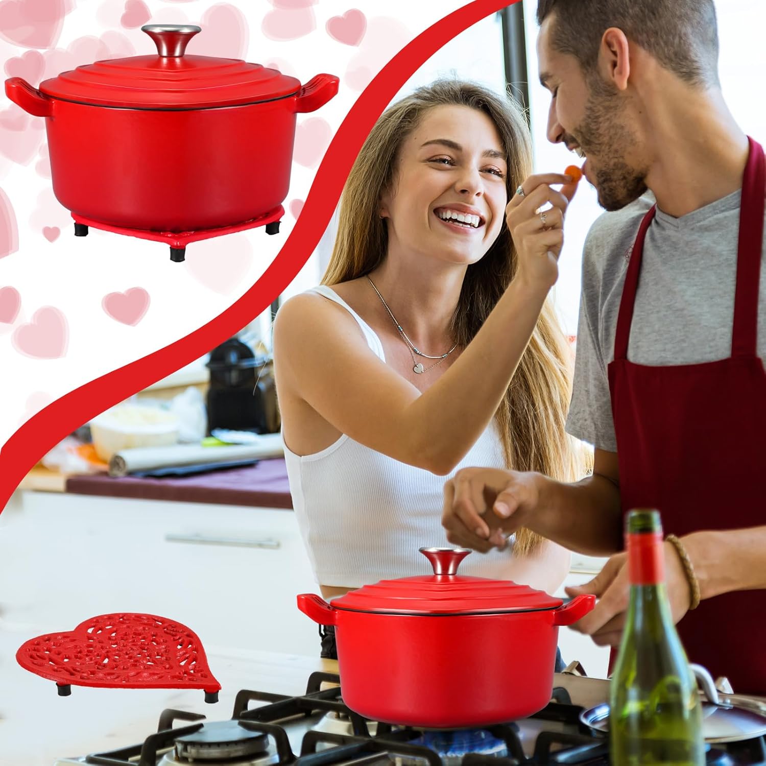 2-Piece Red Heart Shaped Cast Iron Dutch Oven Set with Lid and Trivet - 2 Quart Enameled Pot for Baking, Cooking, and Refrigerating