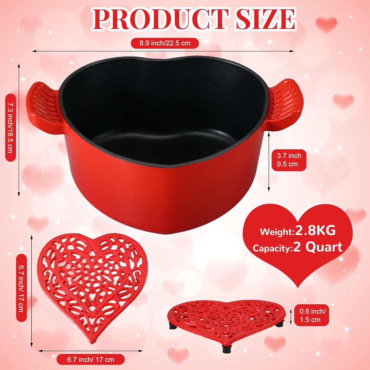 2-Piece Red Heart Shaped Cast Iron Dutch Oven Set with Lid and Trivet - 2 Quart Enameled Pot for Baking, Cooking, and Refrigerating