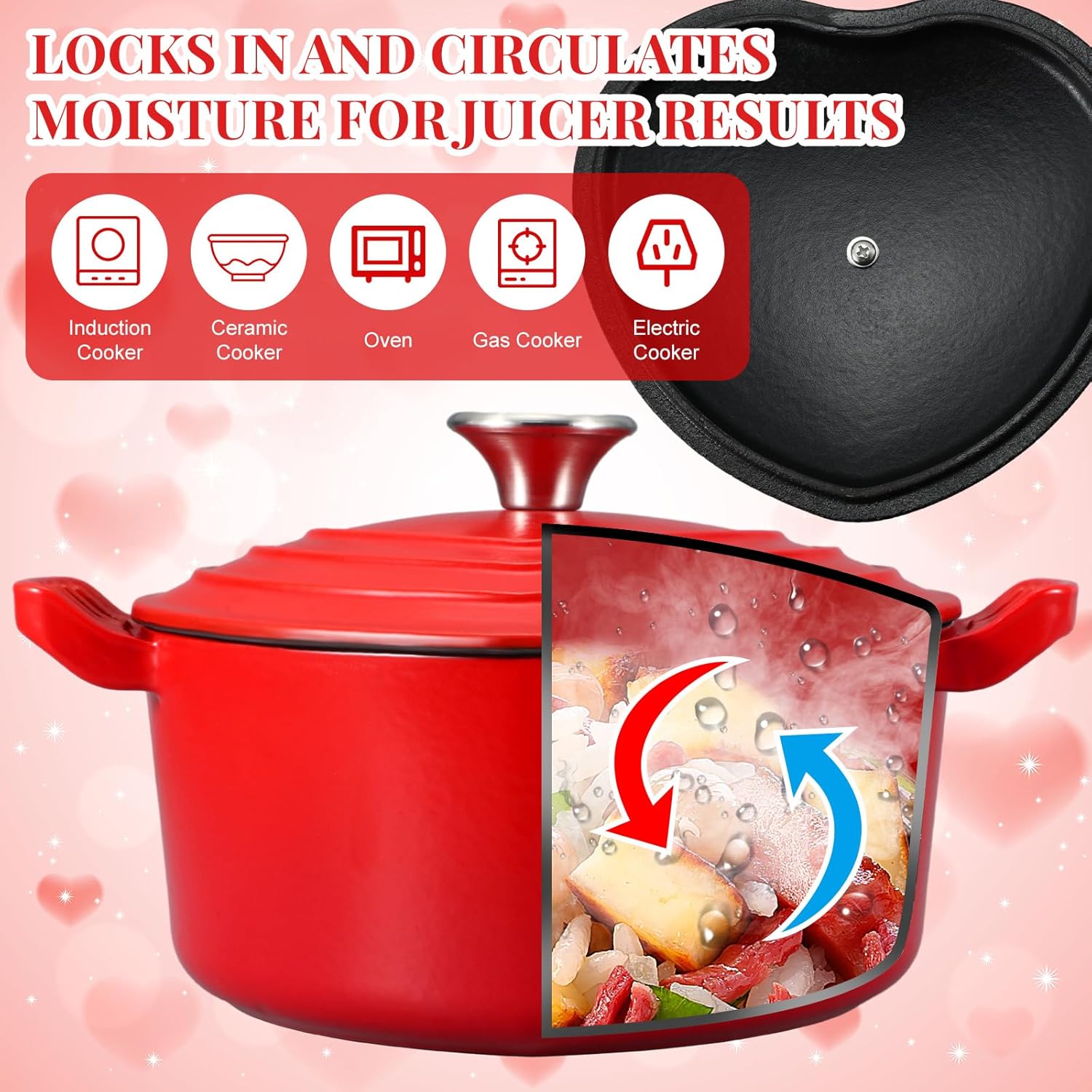 2-Piece Red Heart Shaped Cast Iron Dutch Oven Set with Lid and Trivet - 2 Quart Enameled Pot for Baking, Cooking, and Refrigerating