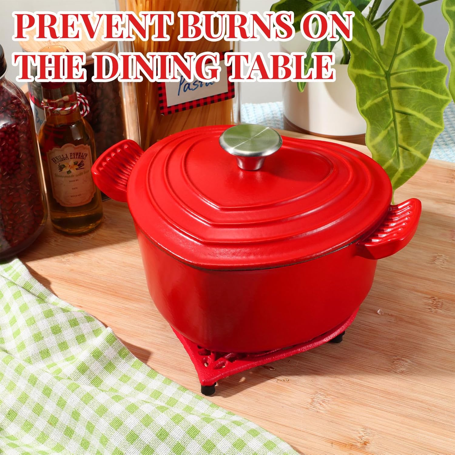 2-Piece Red Heart Shaped Cast Iron Dutch Oven Set with Lid and Trivet - 2 Quart Enameled Pot for Baking, Cooking, and Refrigerating