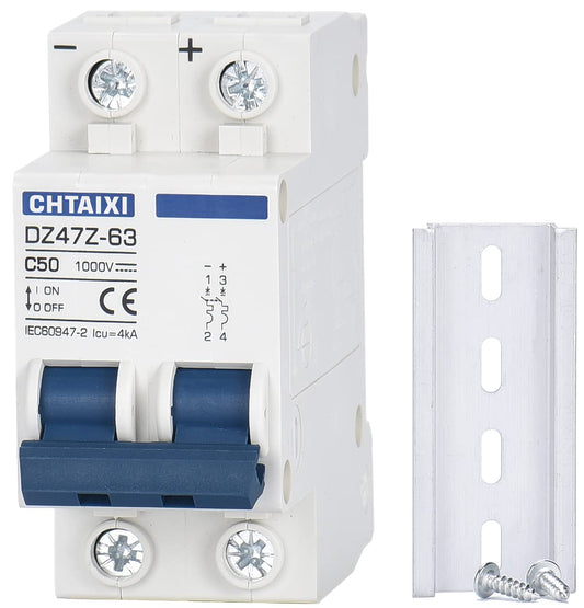 2 Pole 1000V 50 Amp DC Miniature Circuit Breaker for Solar PV System - Thermal Magnetic Trip - DIN Rail Mount - Chtaixi C50 Disconnect Switch