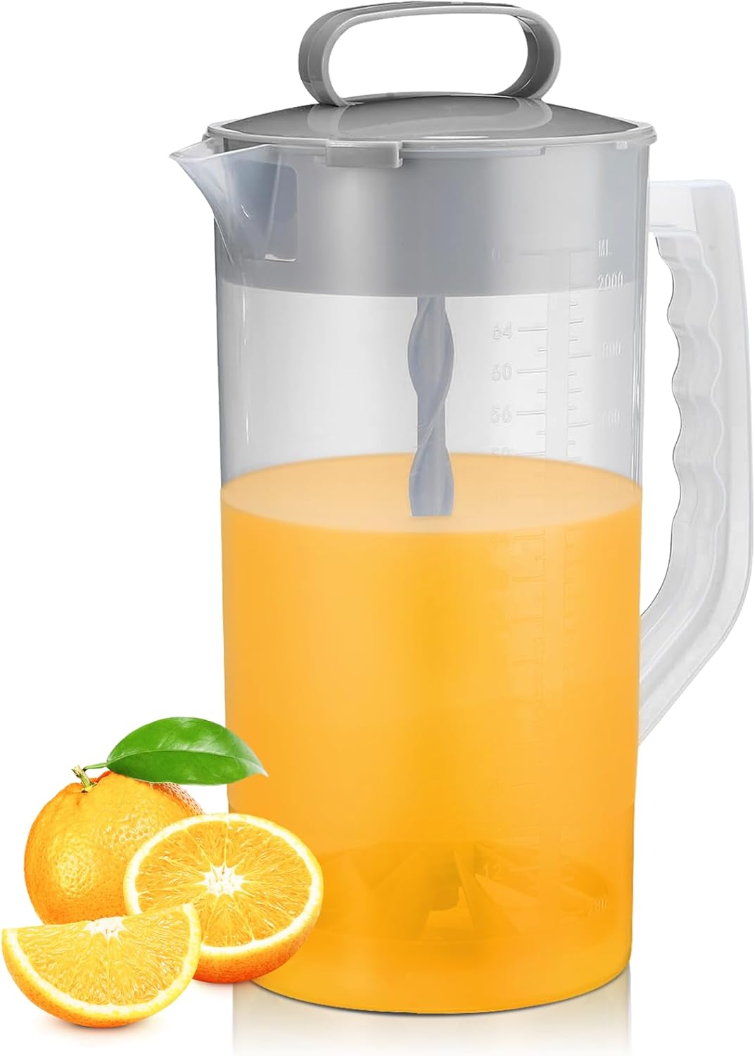 2 Quart Mixing Pitcher with Lid and Adjustable Mixer Plunger for Drinks - Perfect for Juice, Powdered Milk, and Beverages