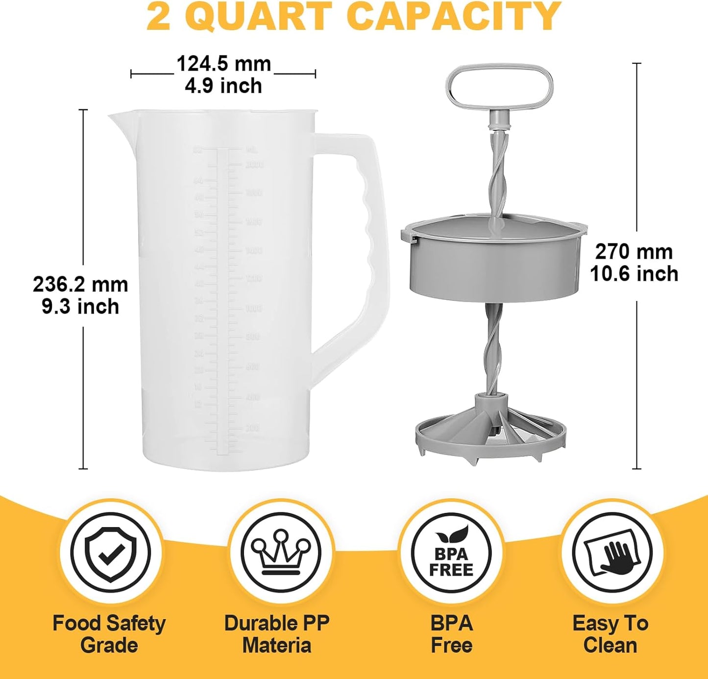 2 Quart Mixing Pitcher with Lid and Adjustable Mixer Plunger for Drinks - Perfect for Juice, Powdered Milk, and Beverages