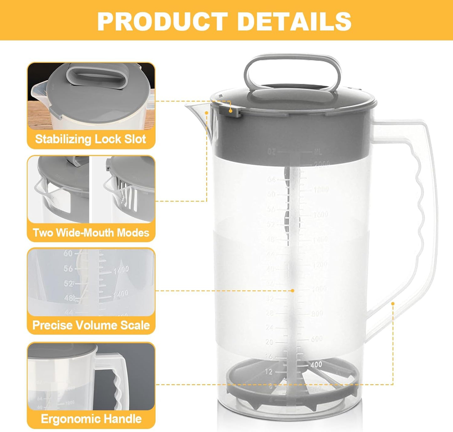 2 Quart Mixing Pitcher with Lid and Adjustable Mixer Plunger for Drinks - Perfect for Juice, Powdered Milk, and Beverages