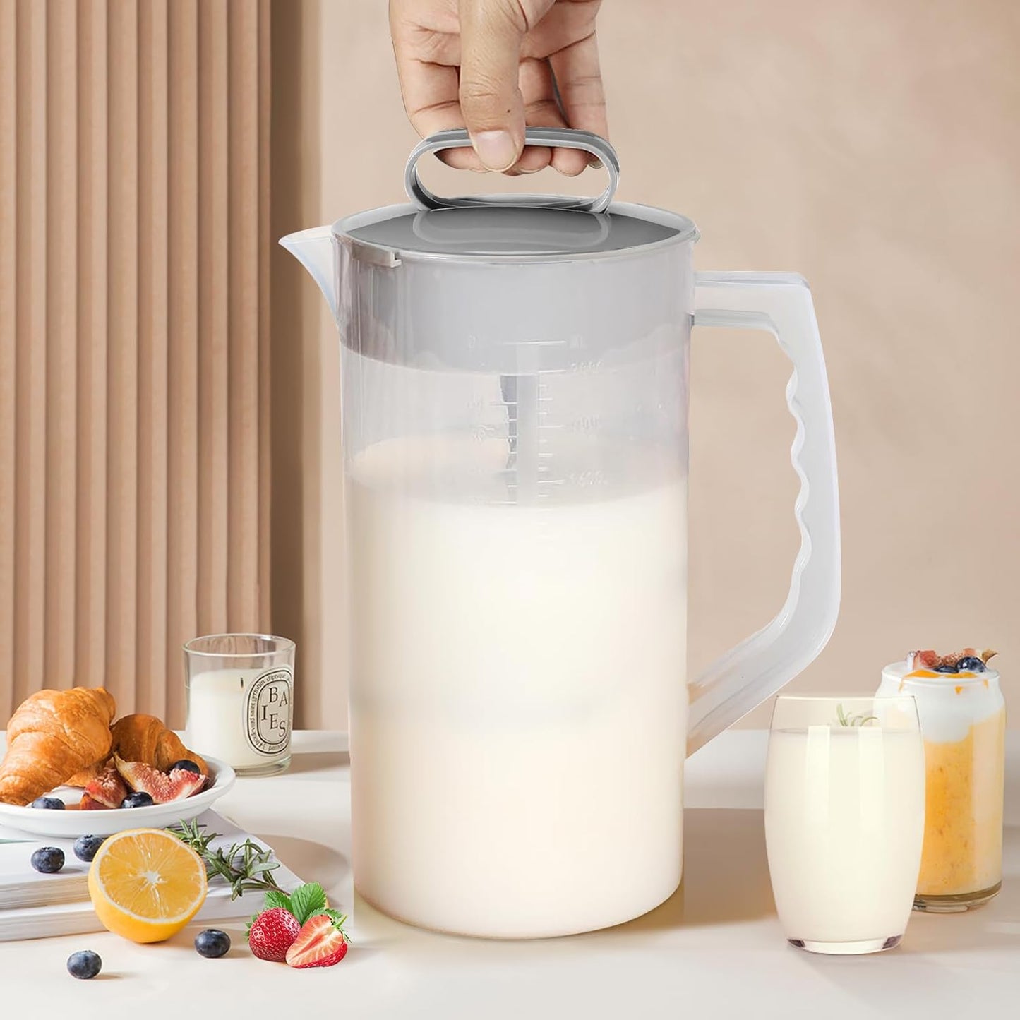 2 Quart Mixing Pitcher with Lid and Adjustable Mixer Plunger for Drinks - Perfect for Juice, Powdered Milk, and Beverages