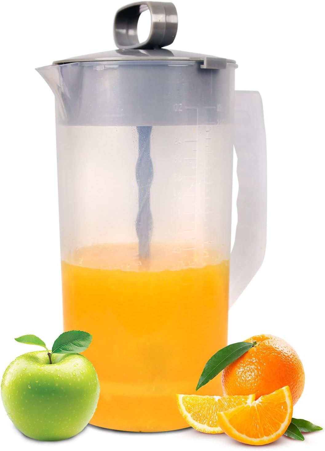 2 Quart Mixing Pitcher with Lid and Mixer Plunger for Drinks, Juice, Tea, Milk - BPA-Free Plastic Water Pitcher with Angled Blades - Beverage Container