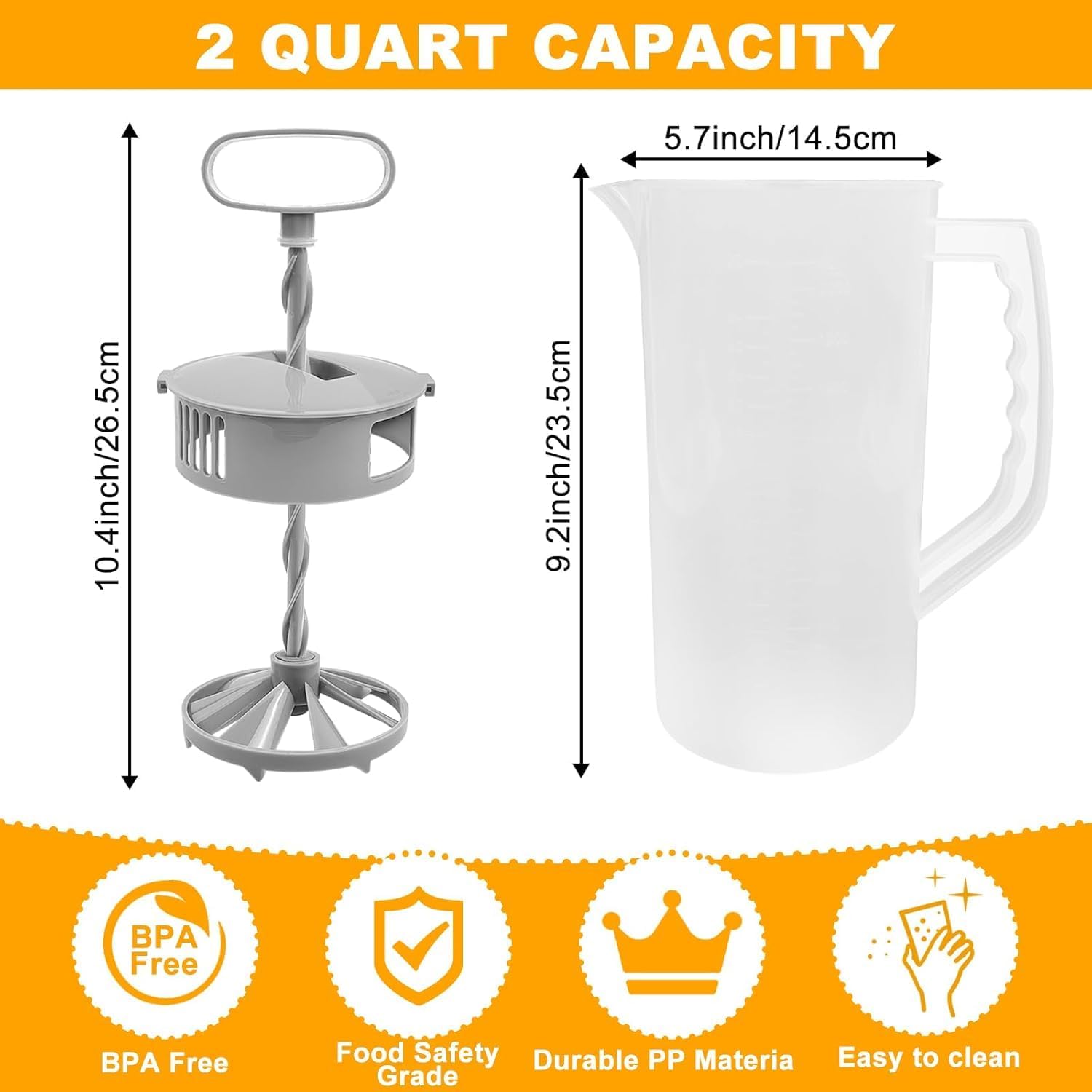 2 Quart Mixing Pitcher with Lid and Mixer Plunger for Drinks, Juice, Tea, Milk - BPA-Free Plastic Water Pitcher with Angled Blades - Beverage Container