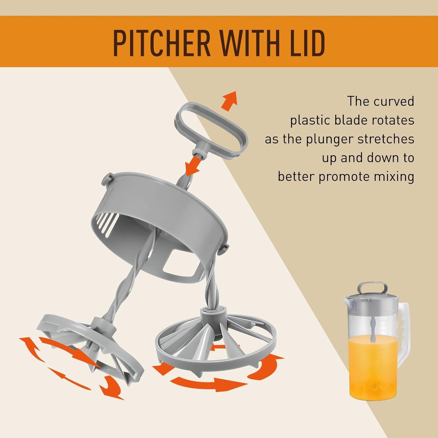 2 Quart Mixing Pitcher with Lid and Mixer Plunger for Drinks, Juice, Tea, Milk - BPA-Free Plastic Water Pitcher with Angled Blades - Beverage Container