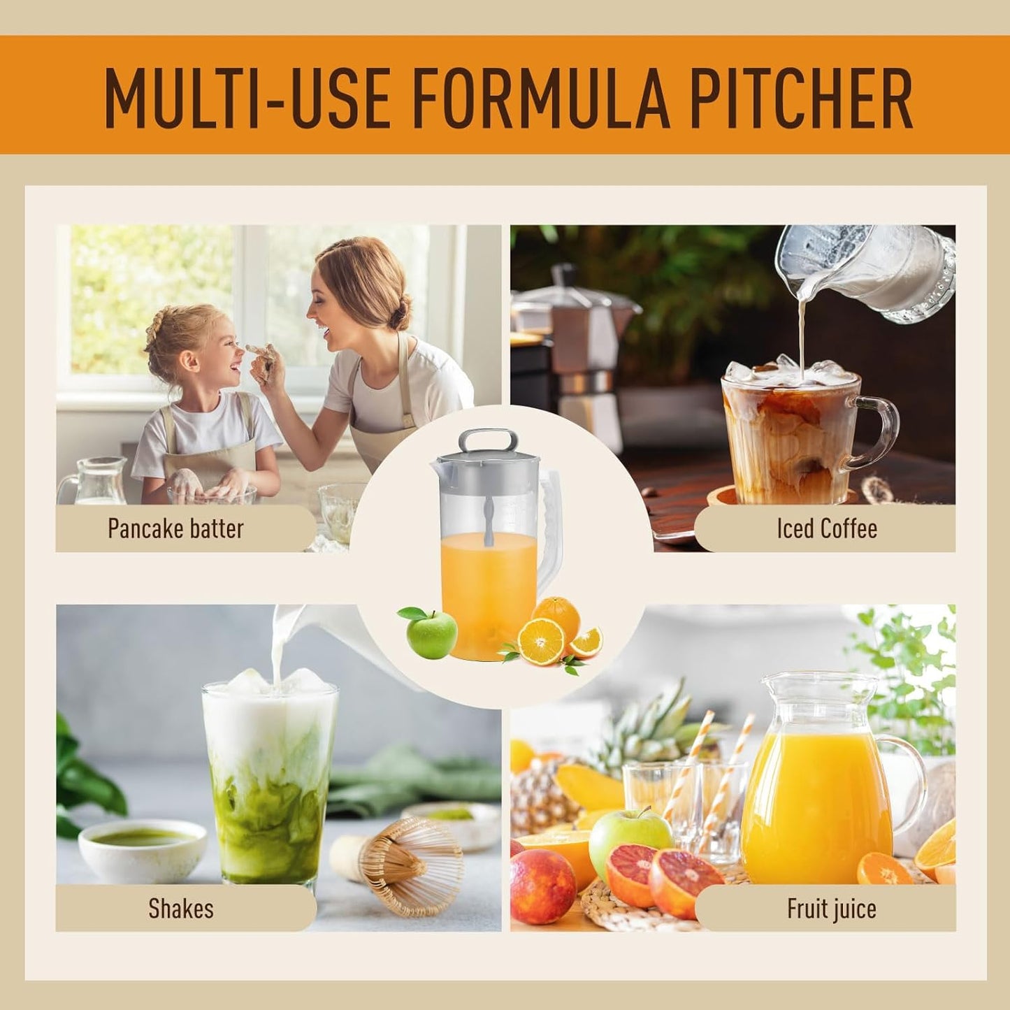 2 Quart Mixing Pitcher with Lid and Mixer Plunger for Drinks, Juice, Tea, Milk - BPA-Free Plastic Water Pitcher with Angled Blades - Beverage Container