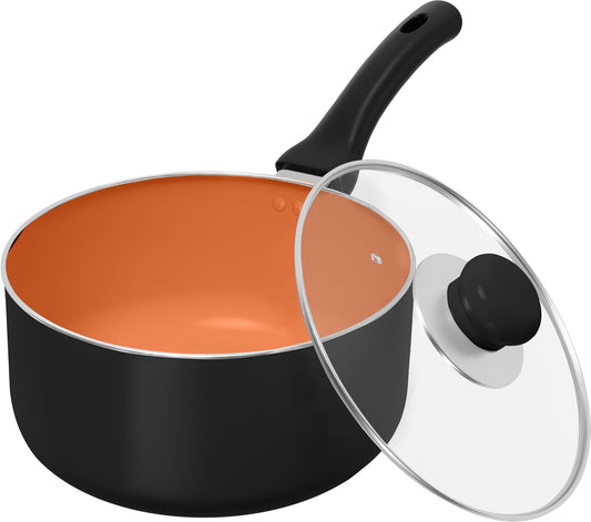 2 Quart Nonstick Saucepan with Glass Lid and Induction Bottom - Utopia Kitchen Pot Pan in Grey Copper Color