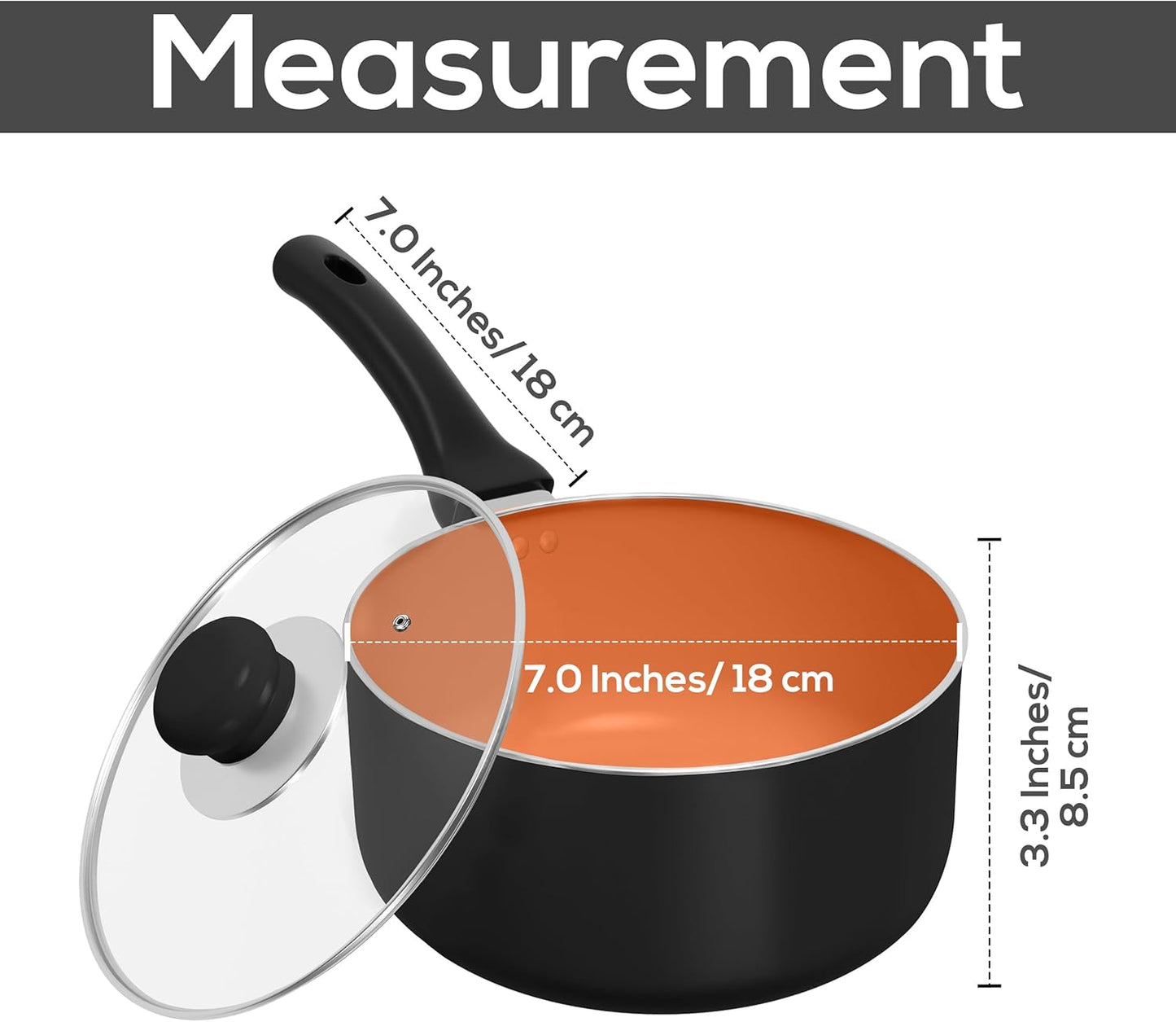 2 Quart Nonstick Saucepan with Glass Lid and Induction Bottom - Utopia Kitchen Pot Pan in Grey Copper Color