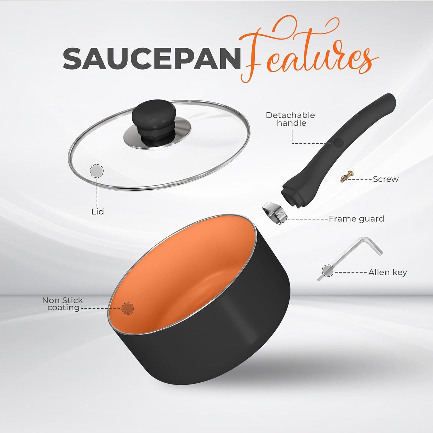 2 Quart Nonstick Saucepan with Glass Lid and Induction Bottom - Utopia Kitchen Pot Pan in Grey Copper Color