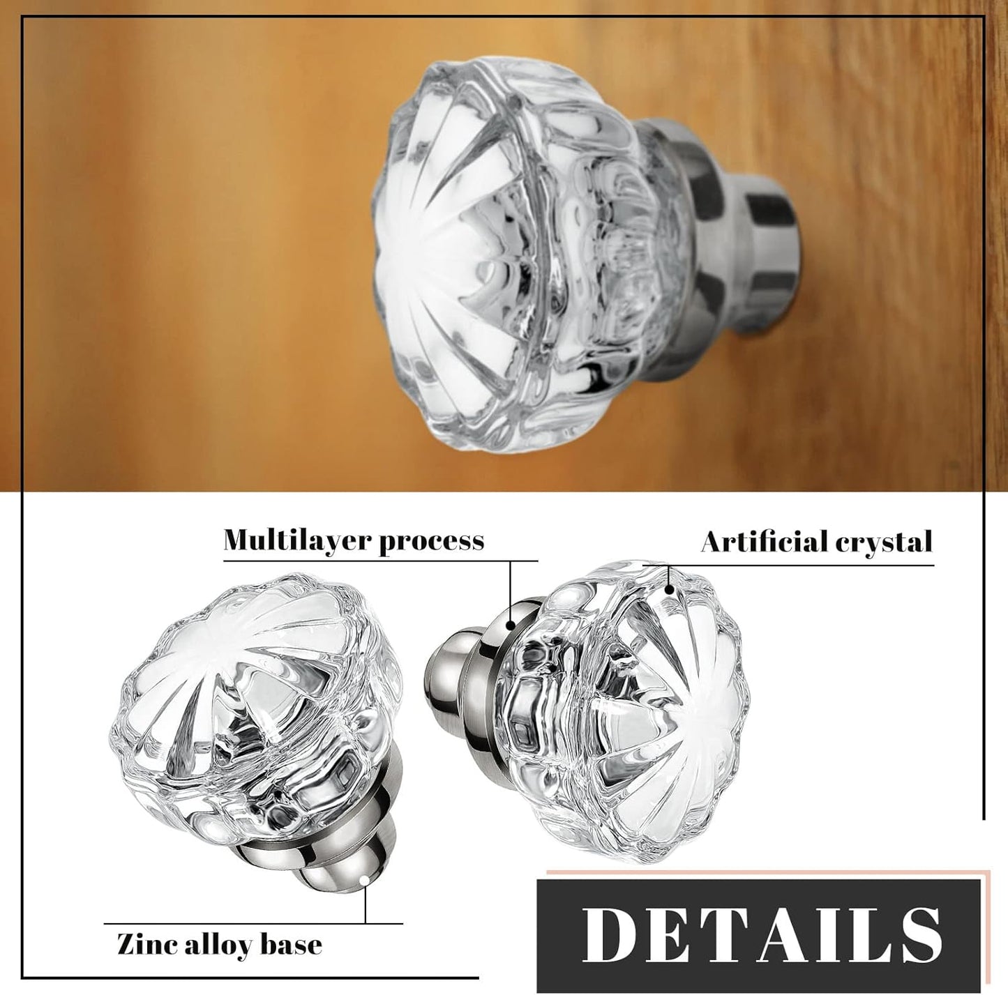 2 Set Fluted Crystal Antique Glass Door Knobs with Spindle - Mortise Style Antique Doorknobs for Home Interior in Chrome Finish