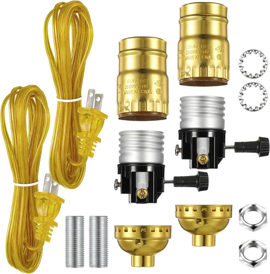 2 Sets Lamp Repair Kit with 3 Way Socket and Matching Cord - Table and Floor DIY Lighting Repair Kit - Essential Hardware Included - Golden Color