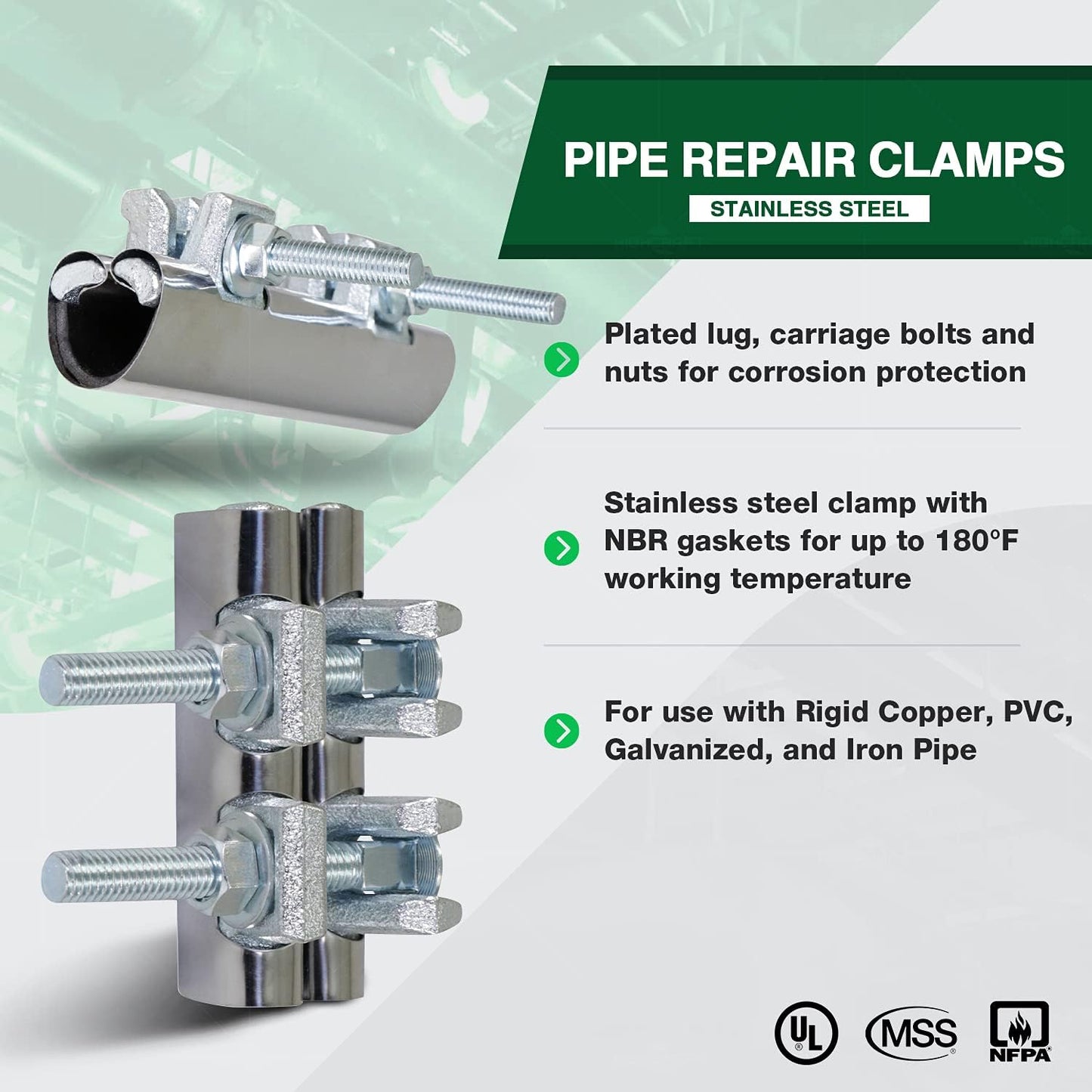 2'' Stainless Steel Pipe Repair Clamp, Double Bolt, 2x6 in. Long, Chrome Finish - Pack of 5