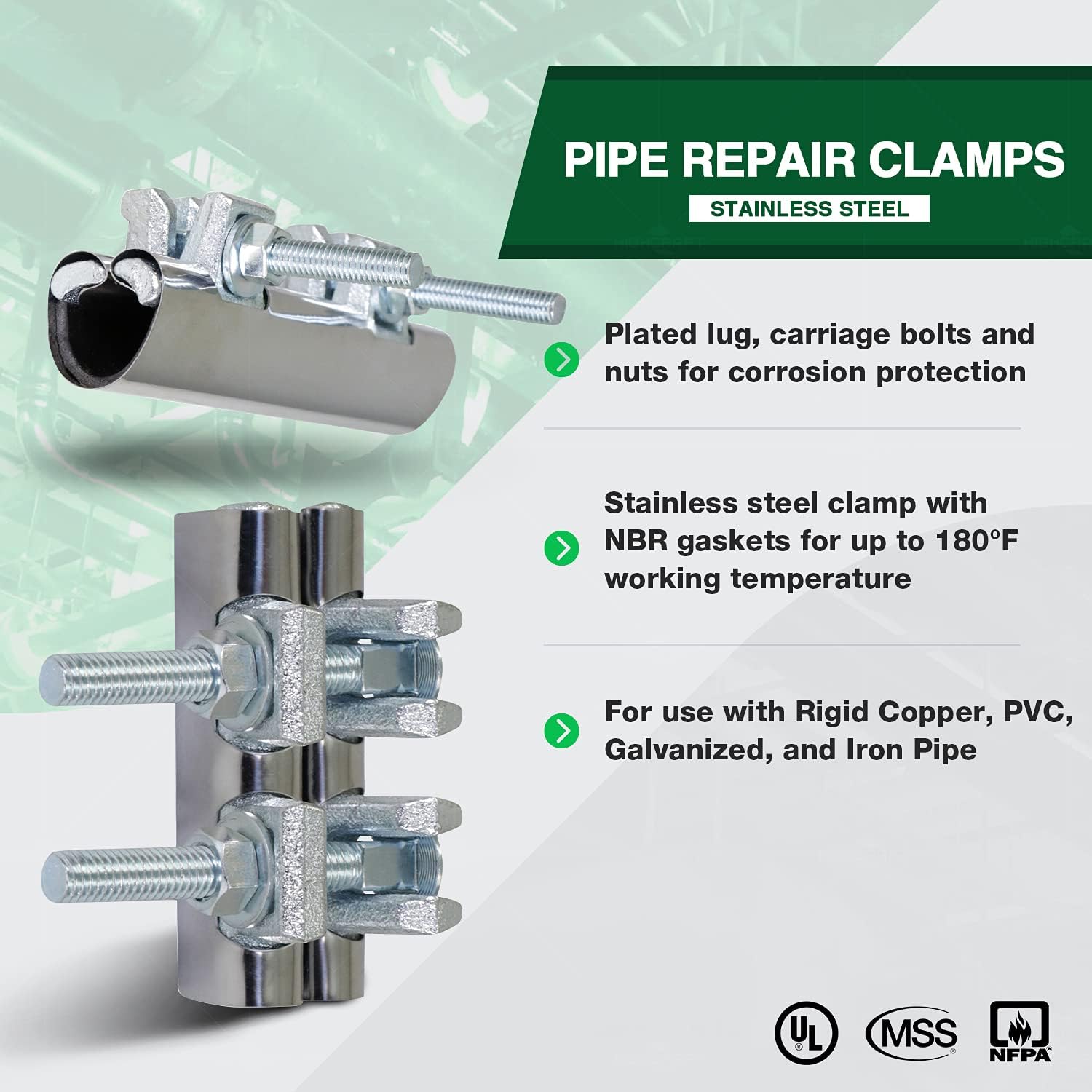 2'' Stainless Steel Pipe Repair Clamp, Double Bolt, 2x6 in. Long, Chrome Finish - Pack of 5