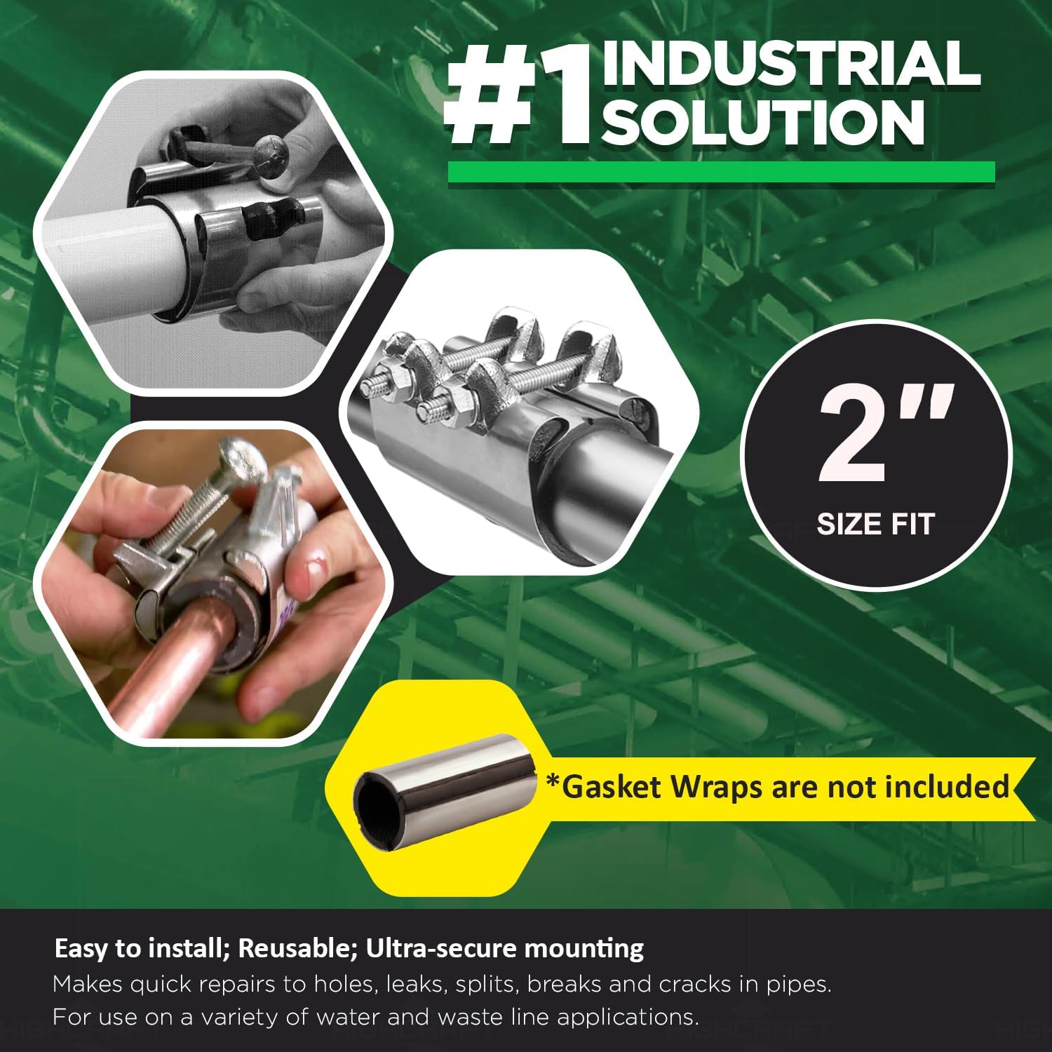 2'' Stainless Steel Pipe Repair Clamp, Double Bolt, 2x6 in. Long, Chrome Finish - Pack of 5