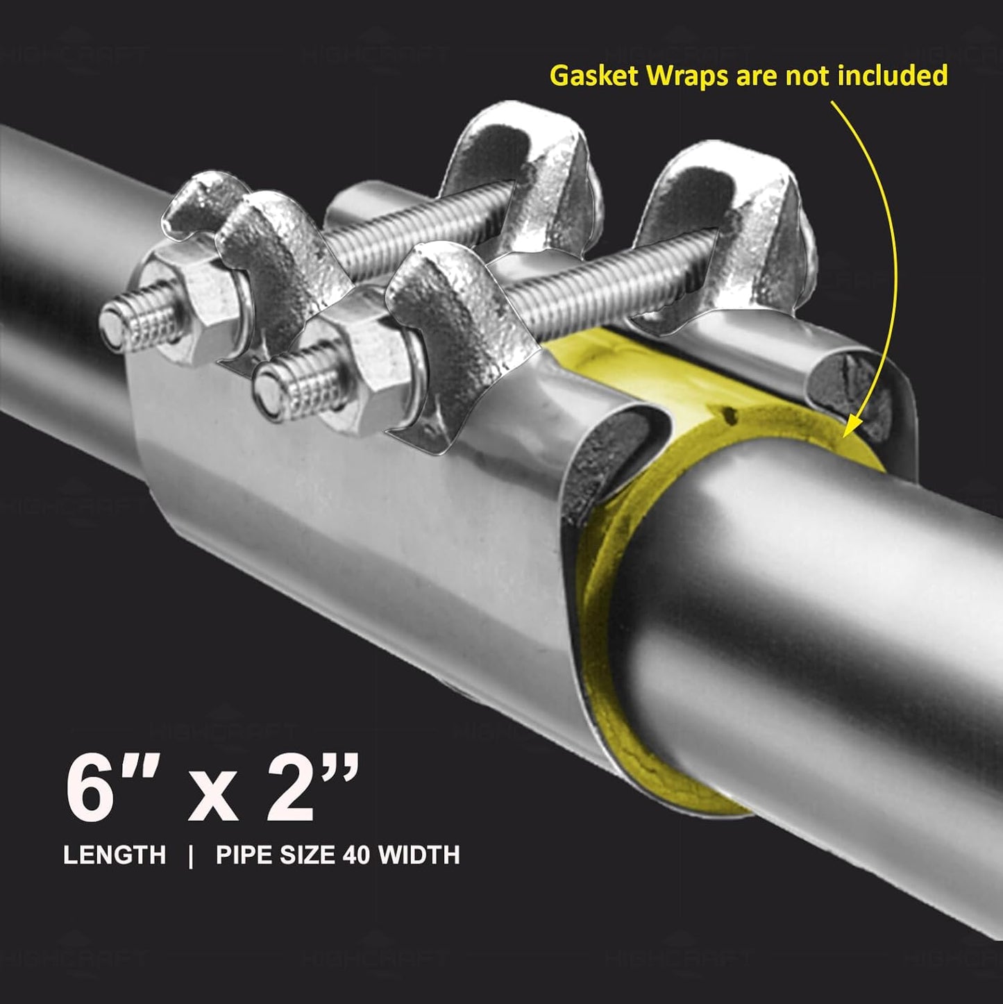 2'' Stainless Steel Pipe Repair Clamp, Double Bolt, 2x6 in. Long, Chrome Finish - Pack of 5