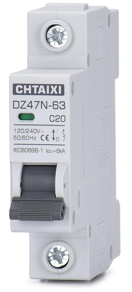 20 Amp AC Miniature Circuit Breaker, 1 Pole DIN Rail Mount Thermal Magnetic Trip MCB C20 with Solar AC Disconnect Switch