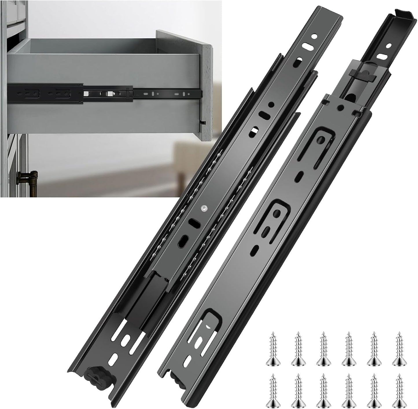 20" Full Extension Ball Bearing Drawer Slides - 1 Pair (2pcs) - Side Mount - 100 LB Capacity - Black