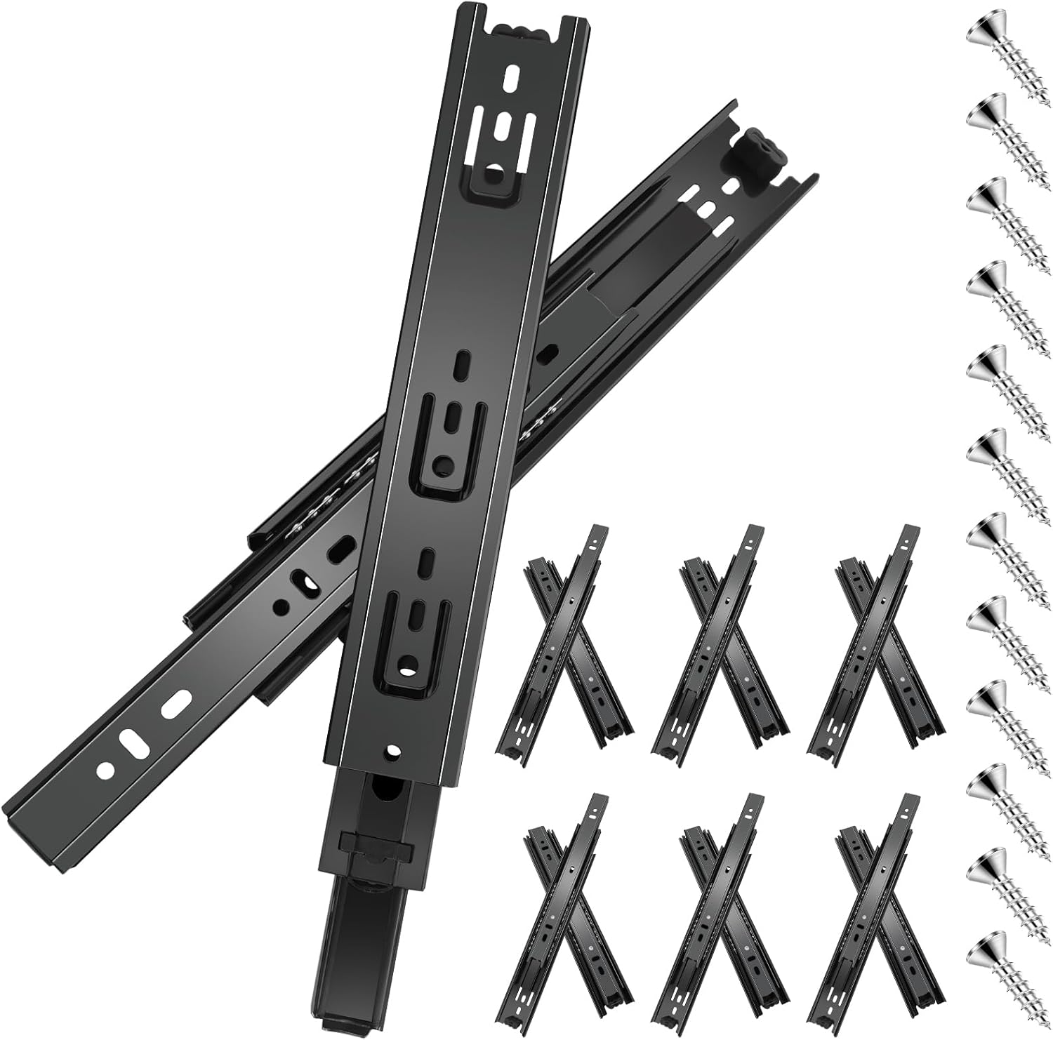 20" Full Extension Ball Bearing Drawer Slides - 6 Pairs (12pcs) Side Mount 3-Fold Slide 100 LB Capacity - Black