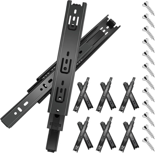20" Full Extension Ball Bearing Drawer Slides - 6 Pairs (12pcs) Side Mount 3-Fold Slide 100 LB Capacity - Black