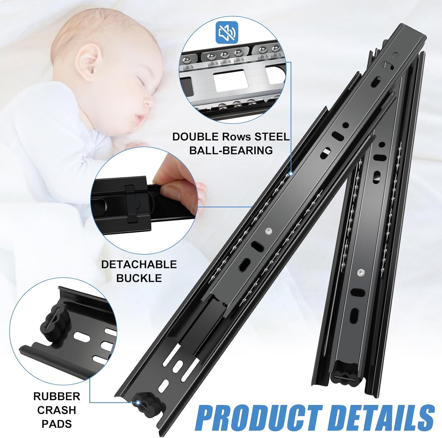 20" Full Extension Ball Bearing Drawer Slides - 6 Pairs (12pcs) Side Mount 3-Fold Slide 100 LB Capacity - Black