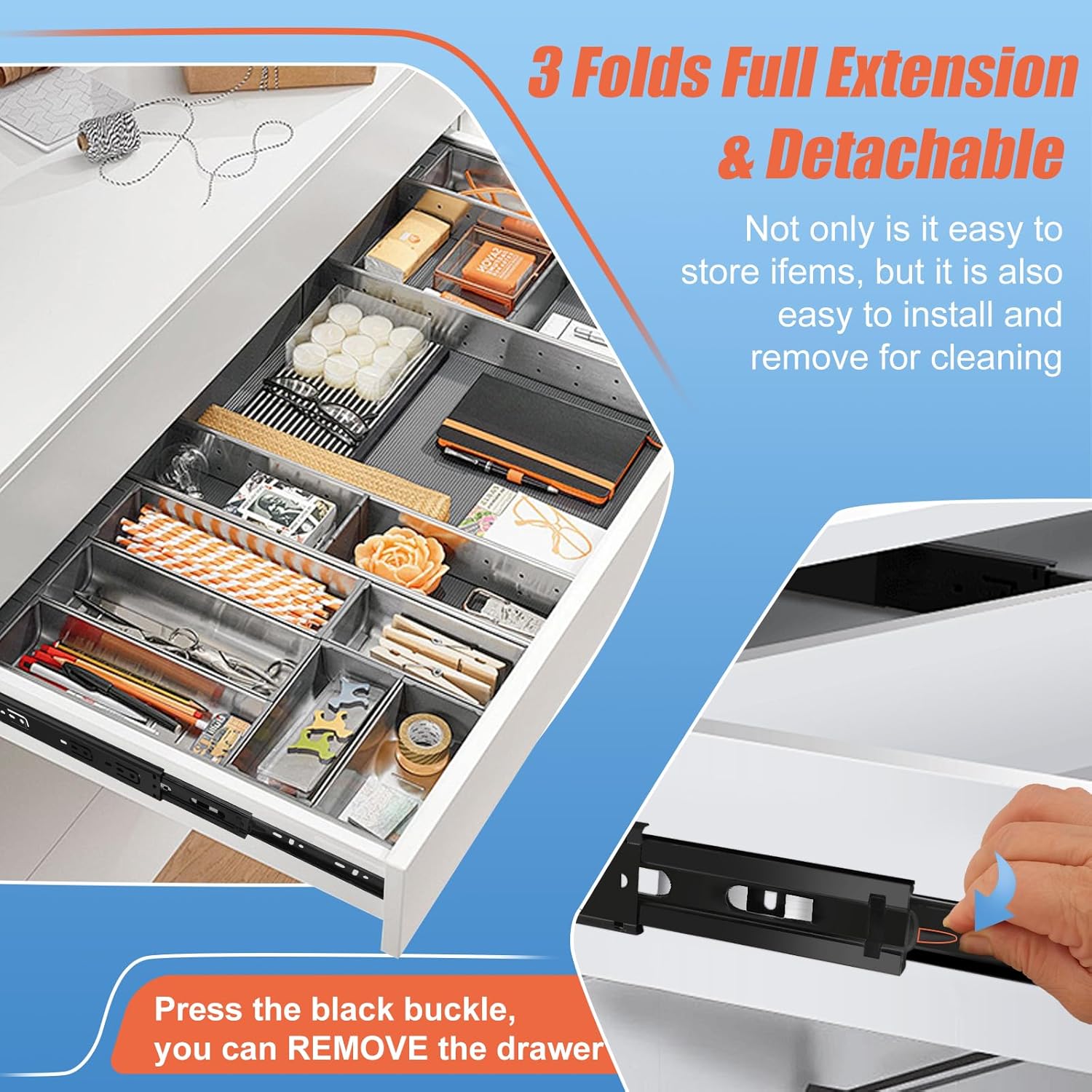 20" Full Extension Ball Bearing Drawer Slides - 6 Pairs (12pcs) Side Mount 3-Fold Slide 100 LB Capacity - Black