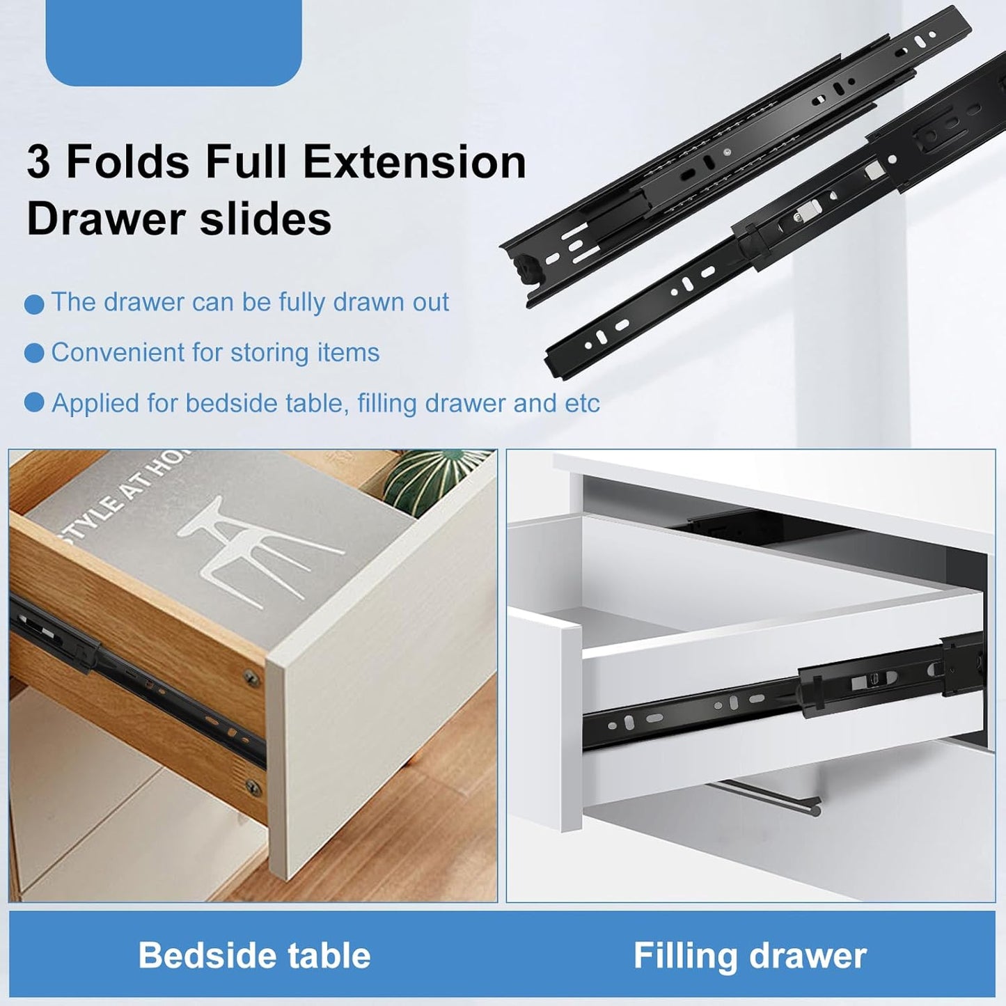 20" Full Extension Ball Bearing Drawer Slides - 6 Pairs (12pcs) Side Mount 3-Fold Slide 100 LB Capacity - Black